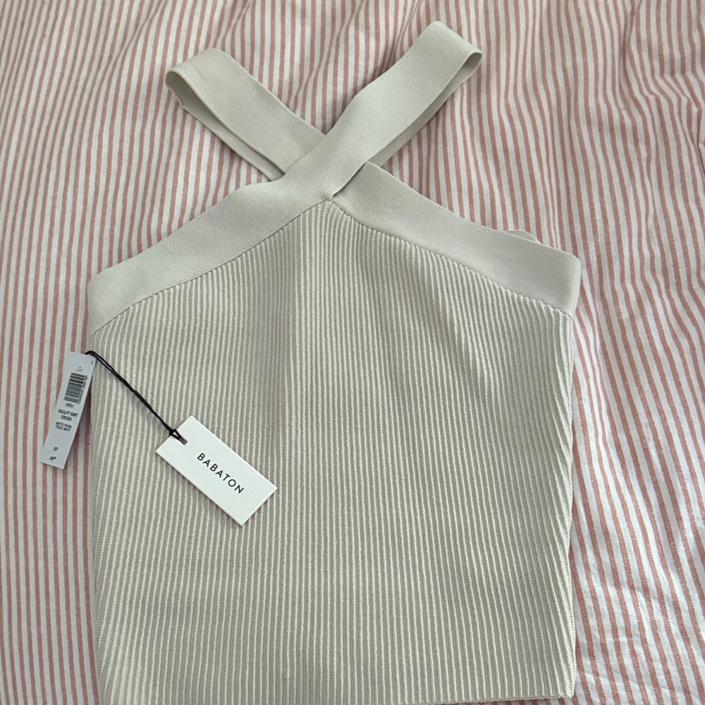 Babaton Cream/Tan Ribbed Cross-Strap Top